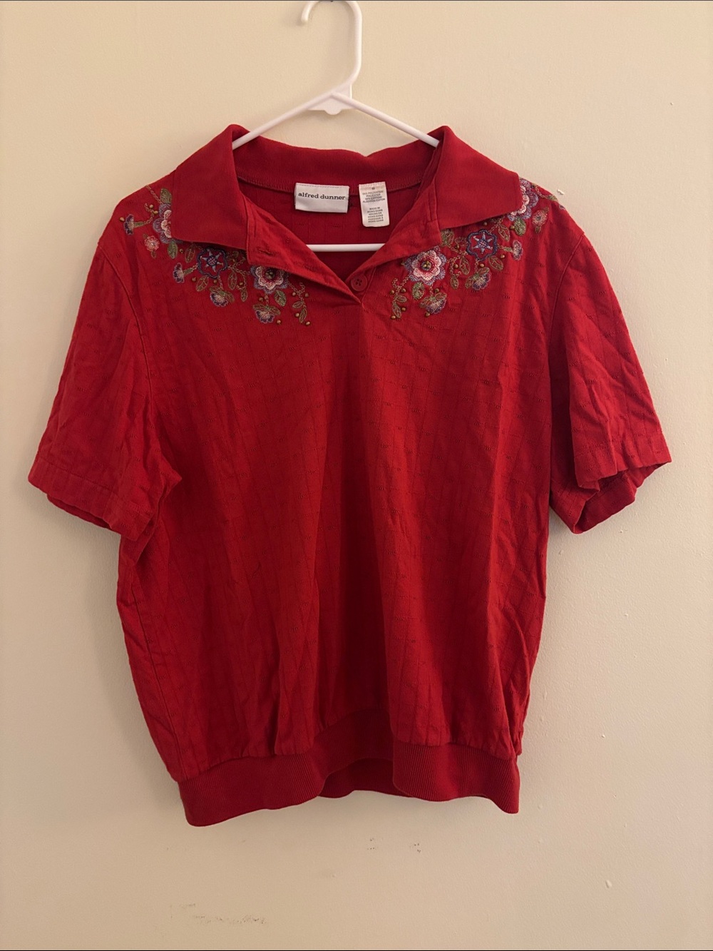 Alfred Dunner Red Short-Sleeve Embroidered Collar Top